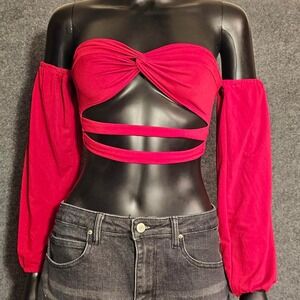 Shein, red, off-the-shoulder, crop top, with long sleeves‎ and a cut-out design
